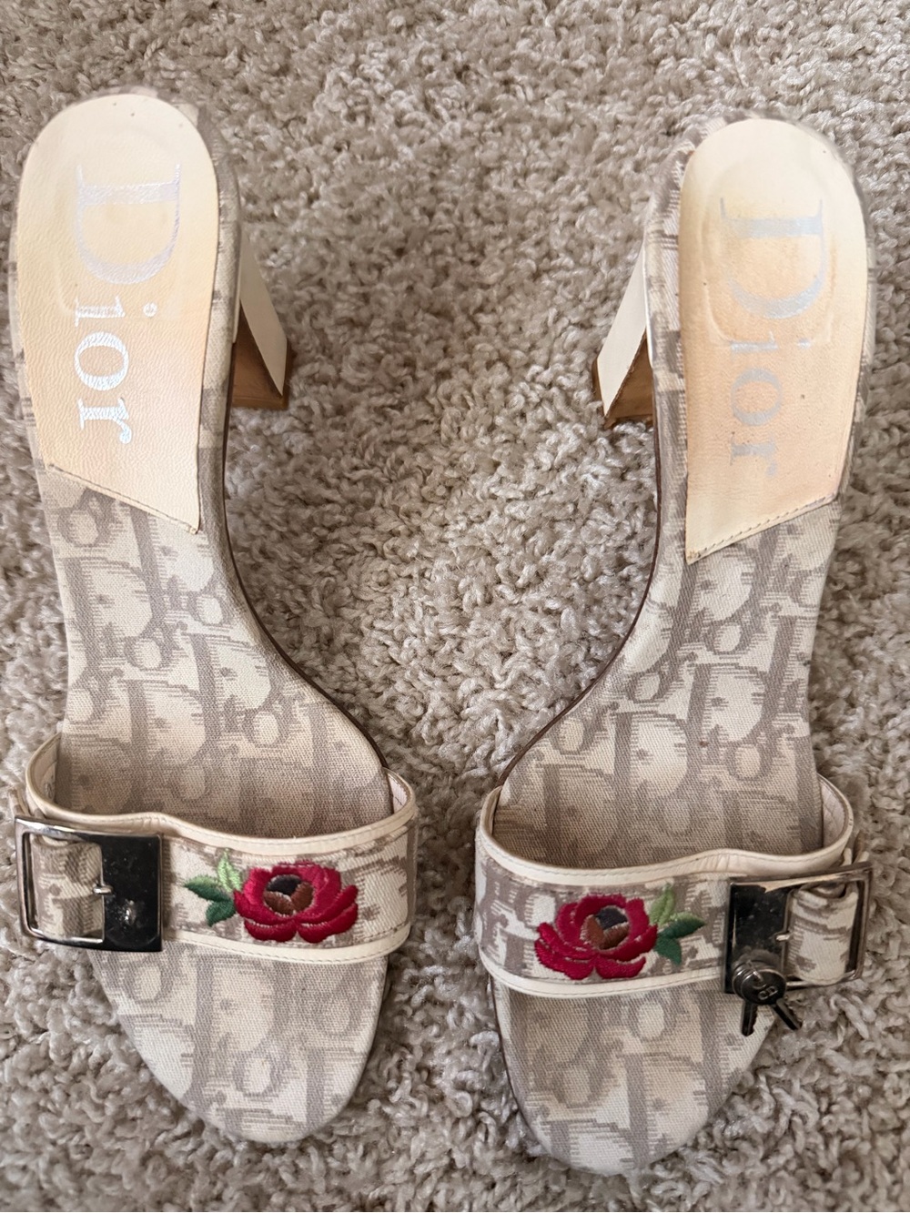 Dior Beige Monogram Slide Mules with Red Rose Embroidery